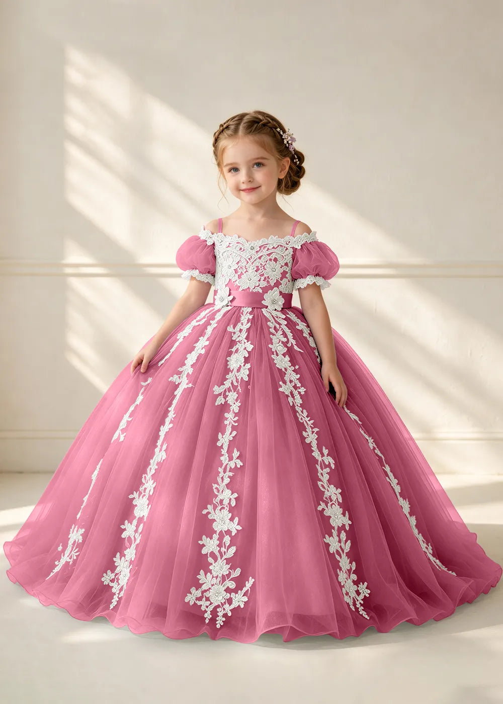 Puff Sleeve Floral Lace Flower Girl Ball Gown Dress