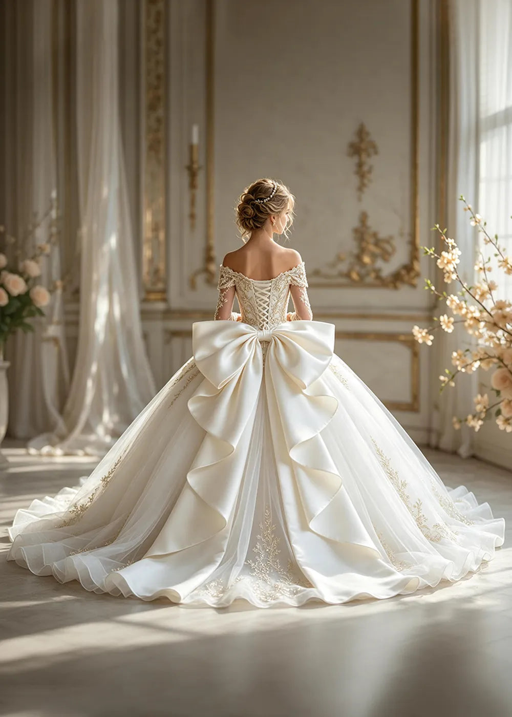 Off-Shoulder Sequin Lace Flower Girl Dress with Bow and Flounced Hem