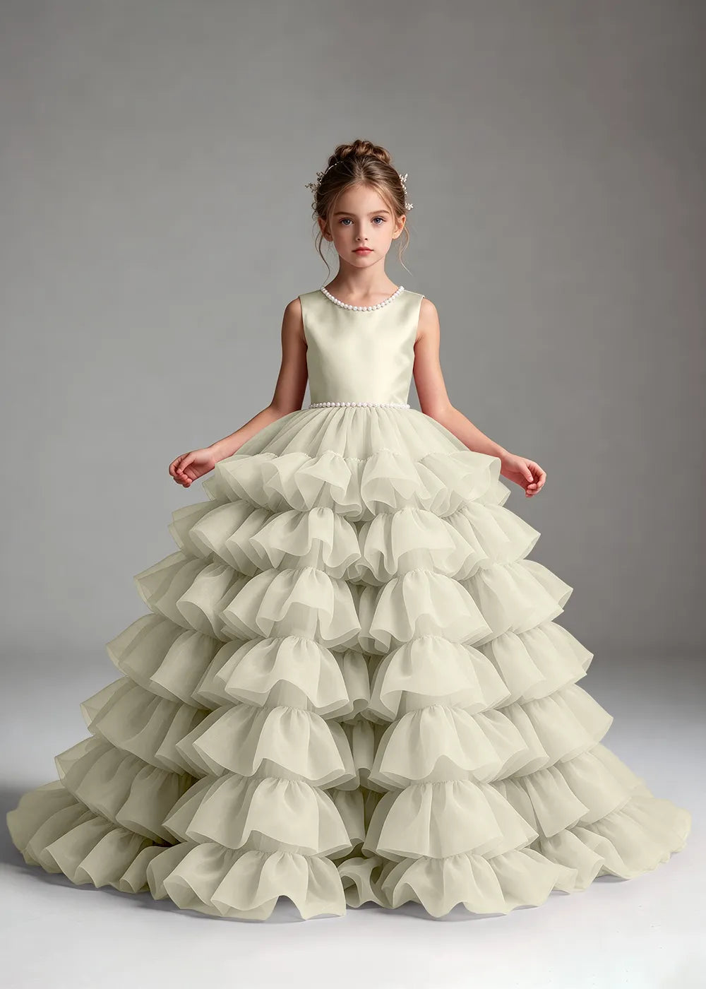 Pink Pearl-Trimmed Tiered Ruffle Flower Girl Dress