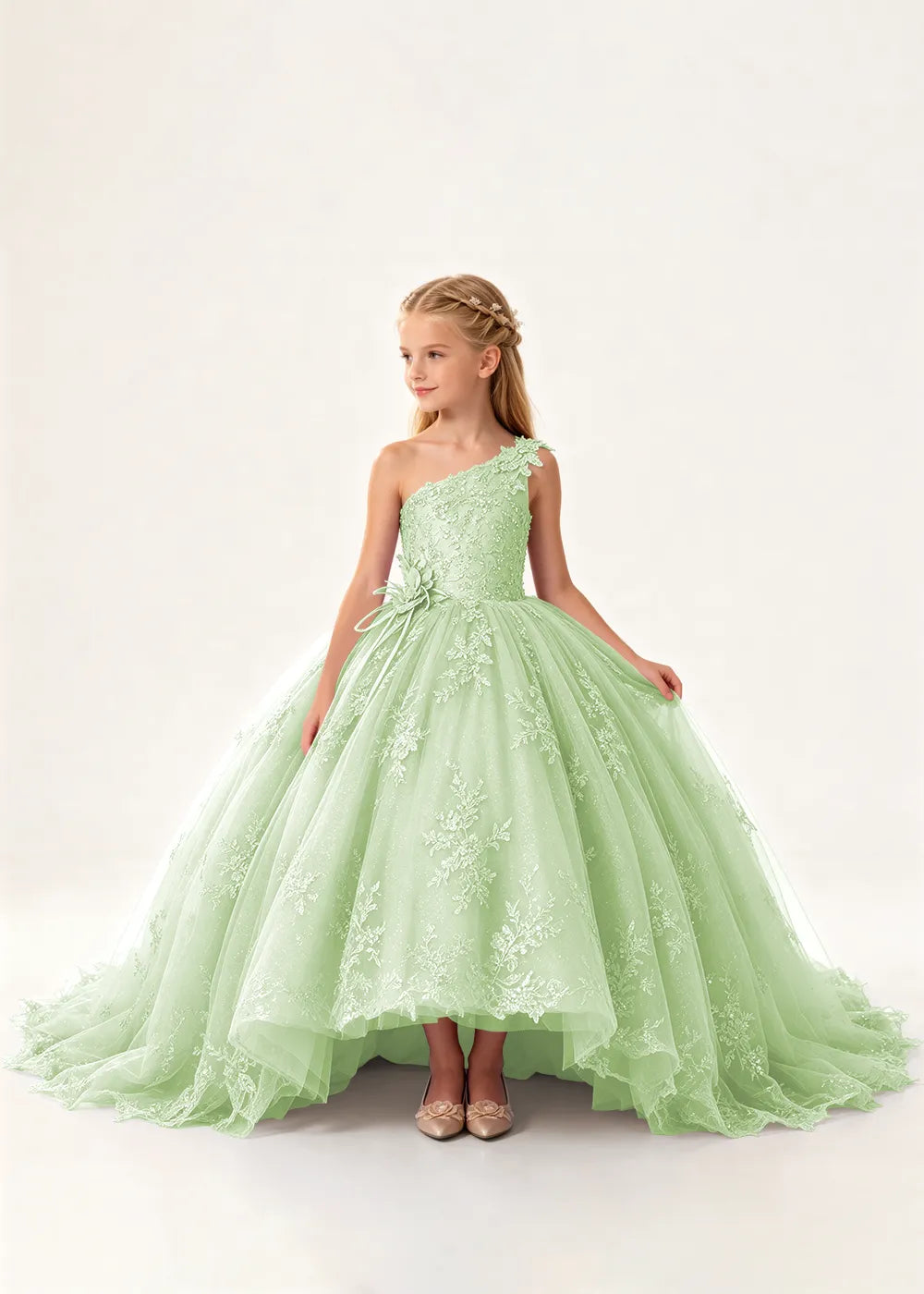 One-Shoulder High-Low Lace Flower Girl Ball Gown Dress