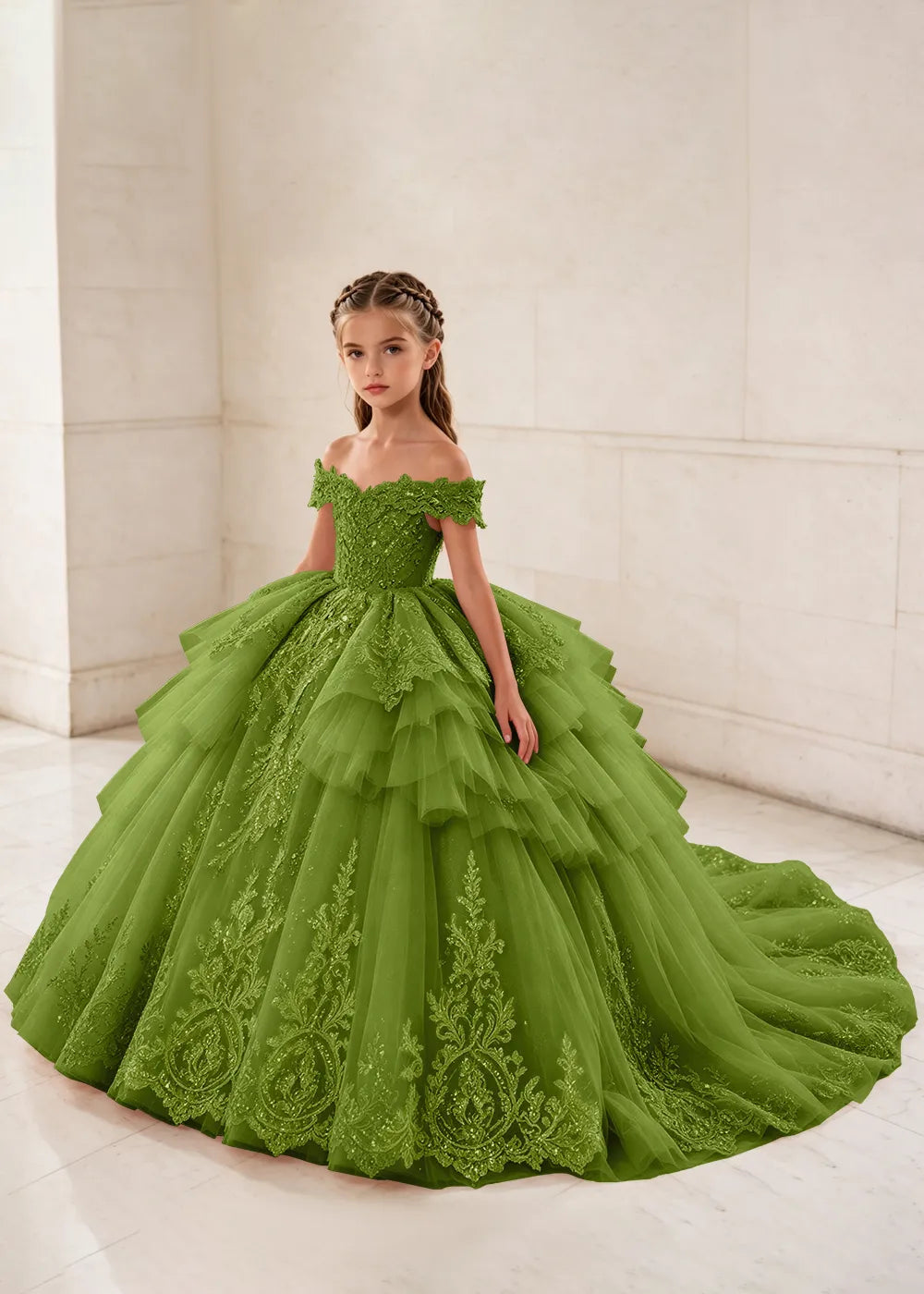 Ruffled Off Shoulder Lace Flower Girl Ball Gown Dress