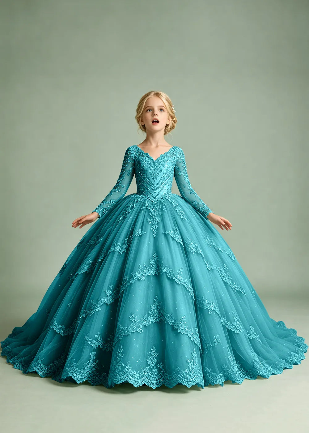 Long Sleeve Floral Lace Flower Girl Ball Gown Dress