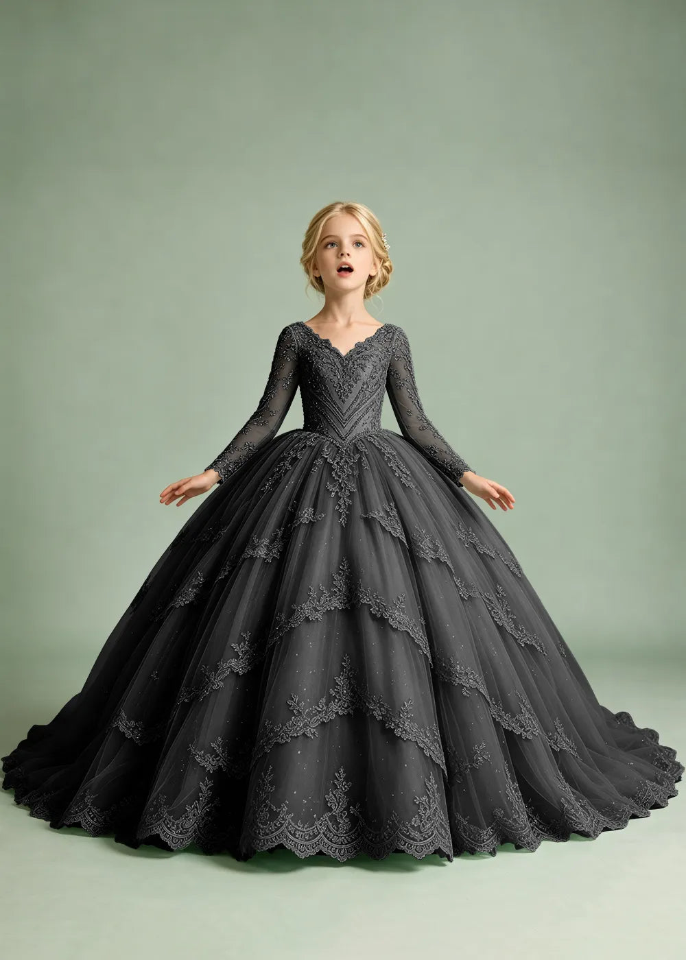 Long Sleeve Floral Lace Princess Dress for Girls