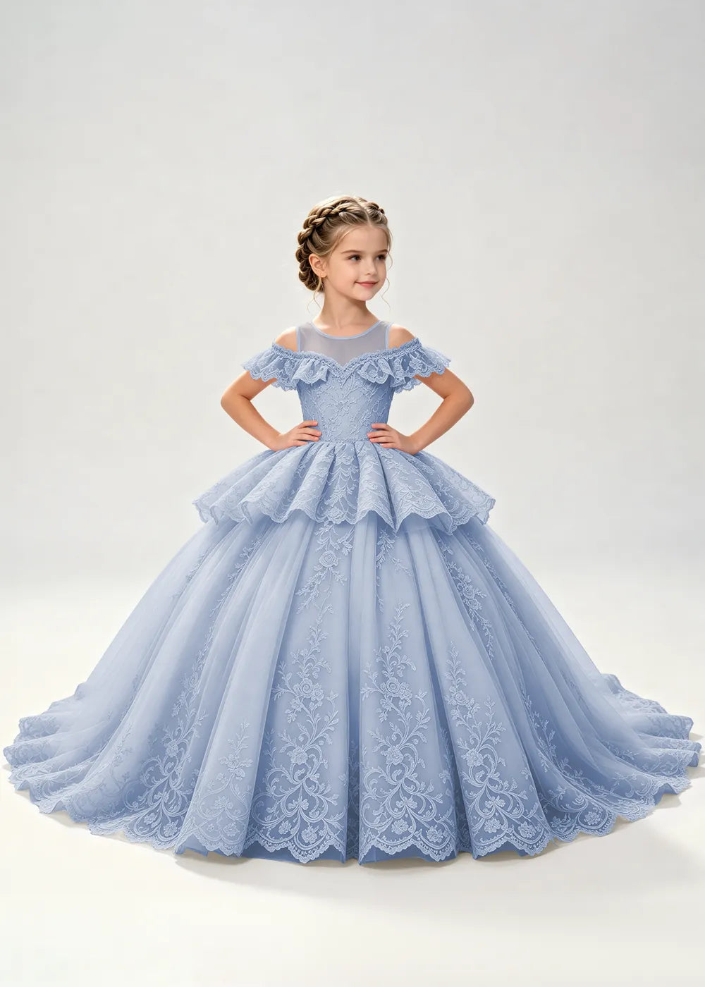 Illusion Neck Tiered Lace Princess Dress for Girls