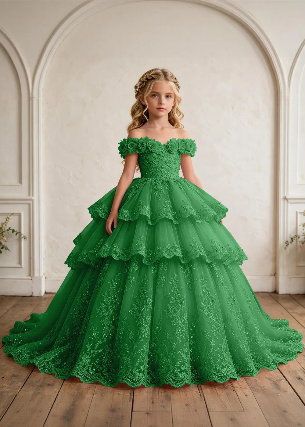 Off Shoulder Floral Lace Princess Ball Gown for Girls