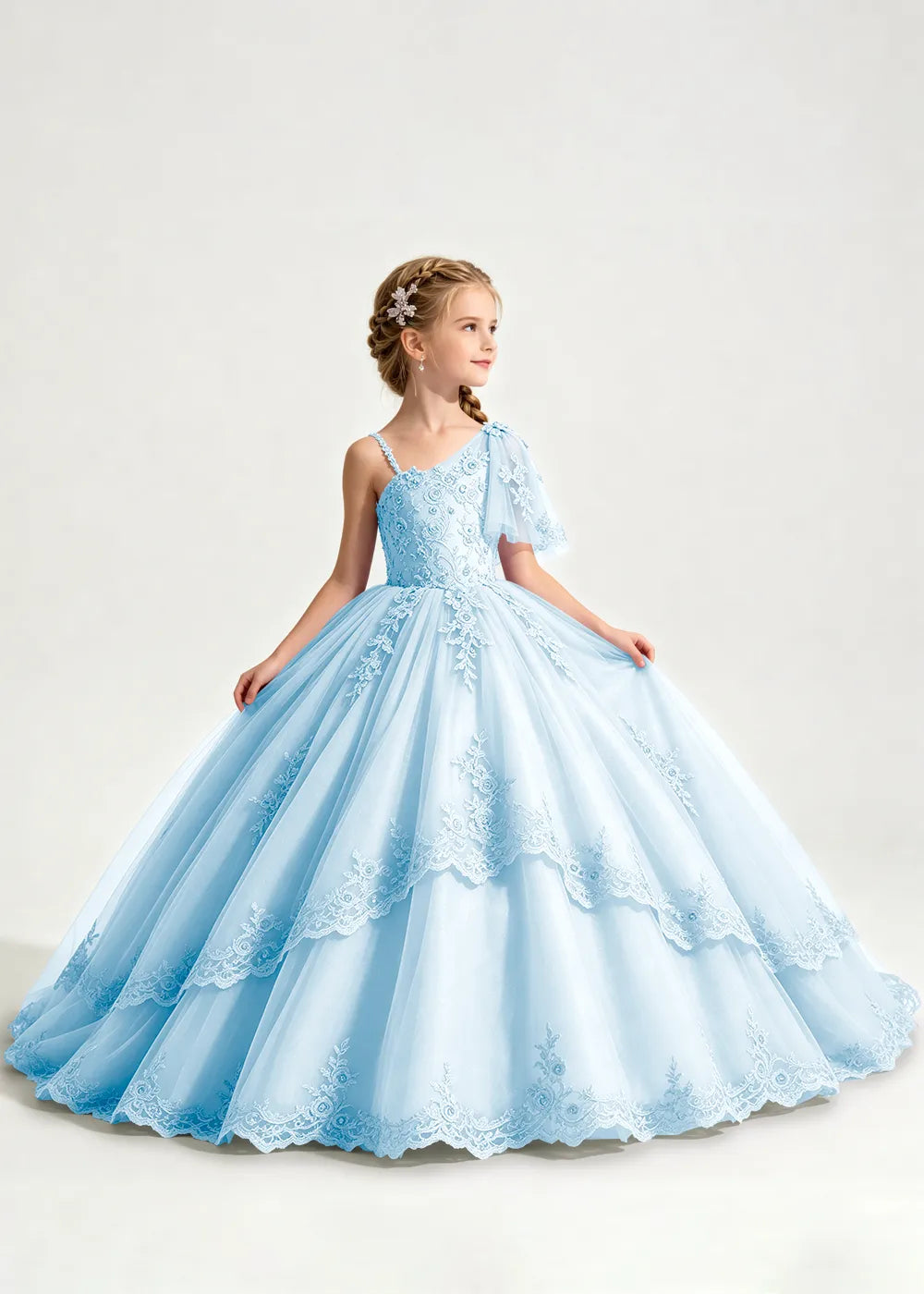 One-Shoulder Floral Lace Princess Dress for Girls