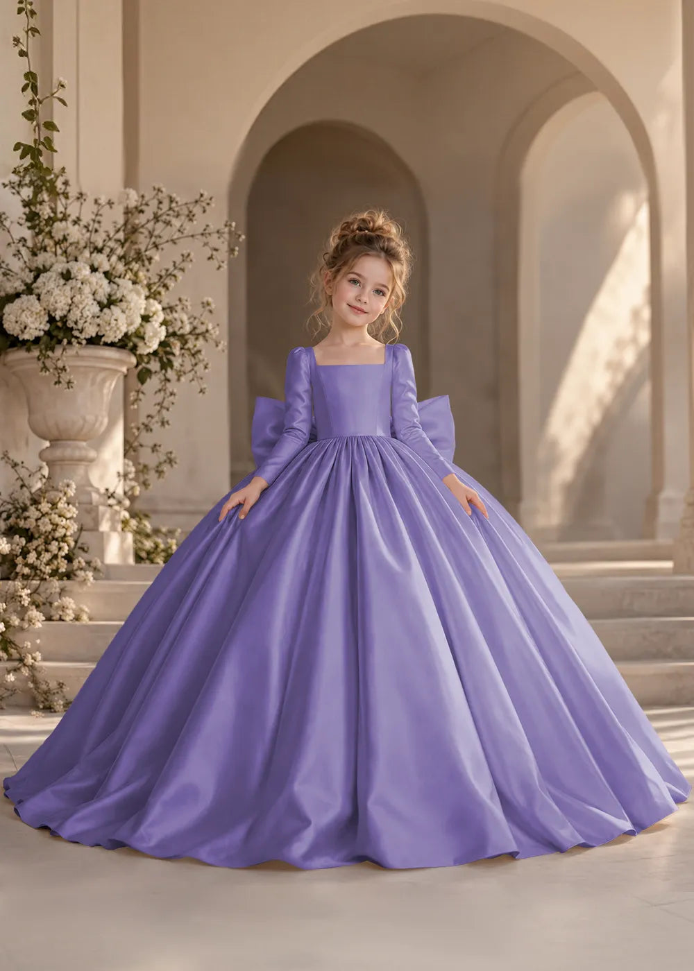 Dusty Blue Long-Sleeve Flower Girl Dress with a Full Skirt and Bow