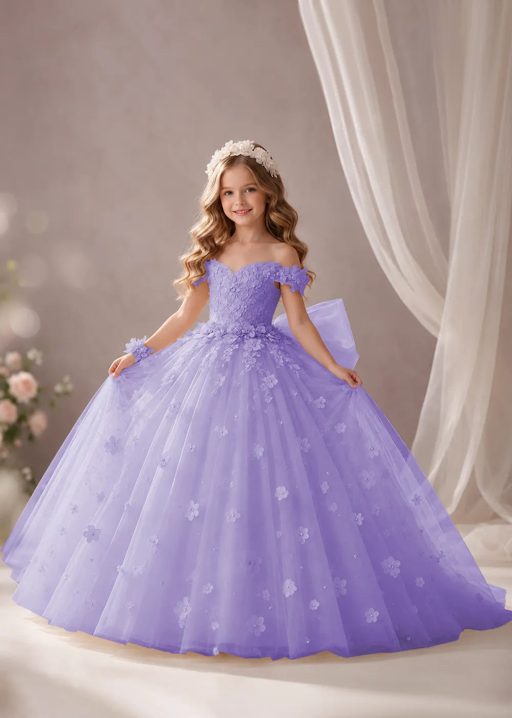 Pink Flower Girl Dress with Floral Appliques and a Full Skirt