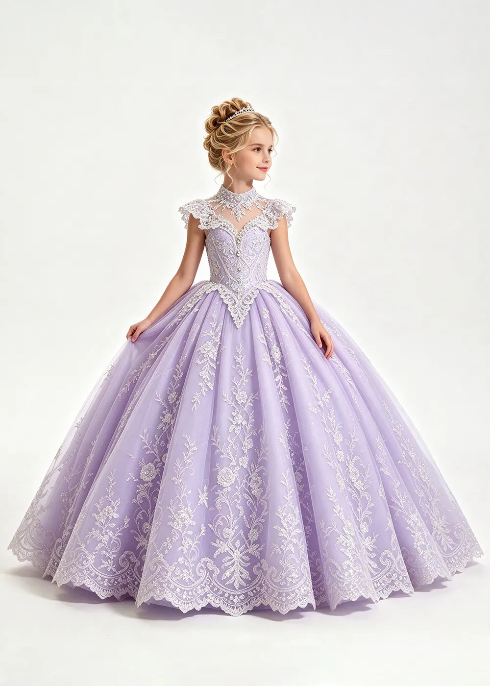 Pale Silver-Gray Blue Flower Girl Ball Gown with High Floral Collar