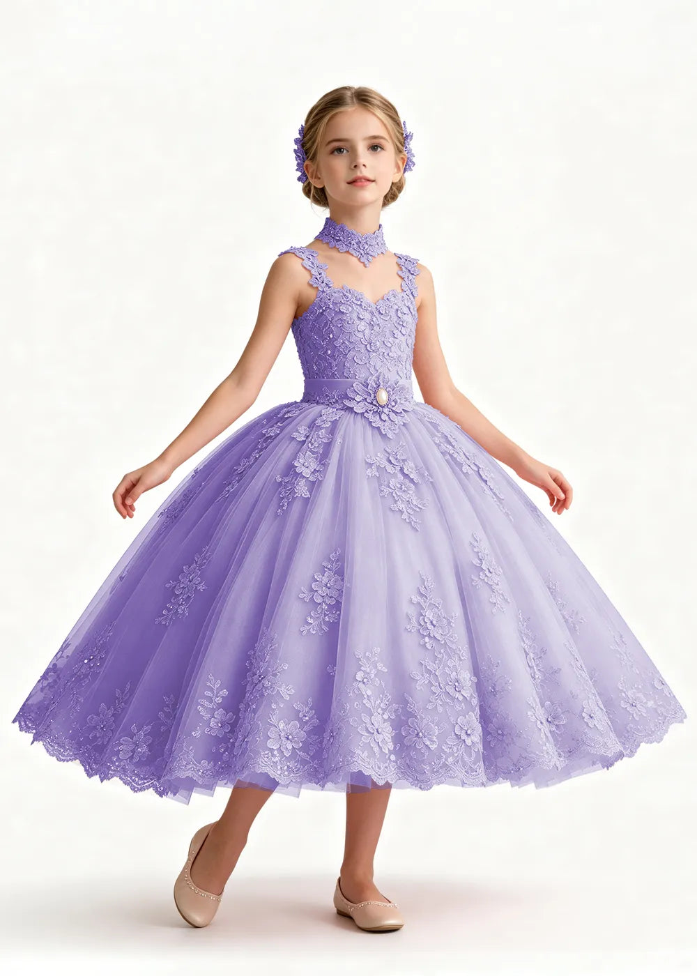 Pink Tea-Length Flower Girl Dress with Floral Neck Band