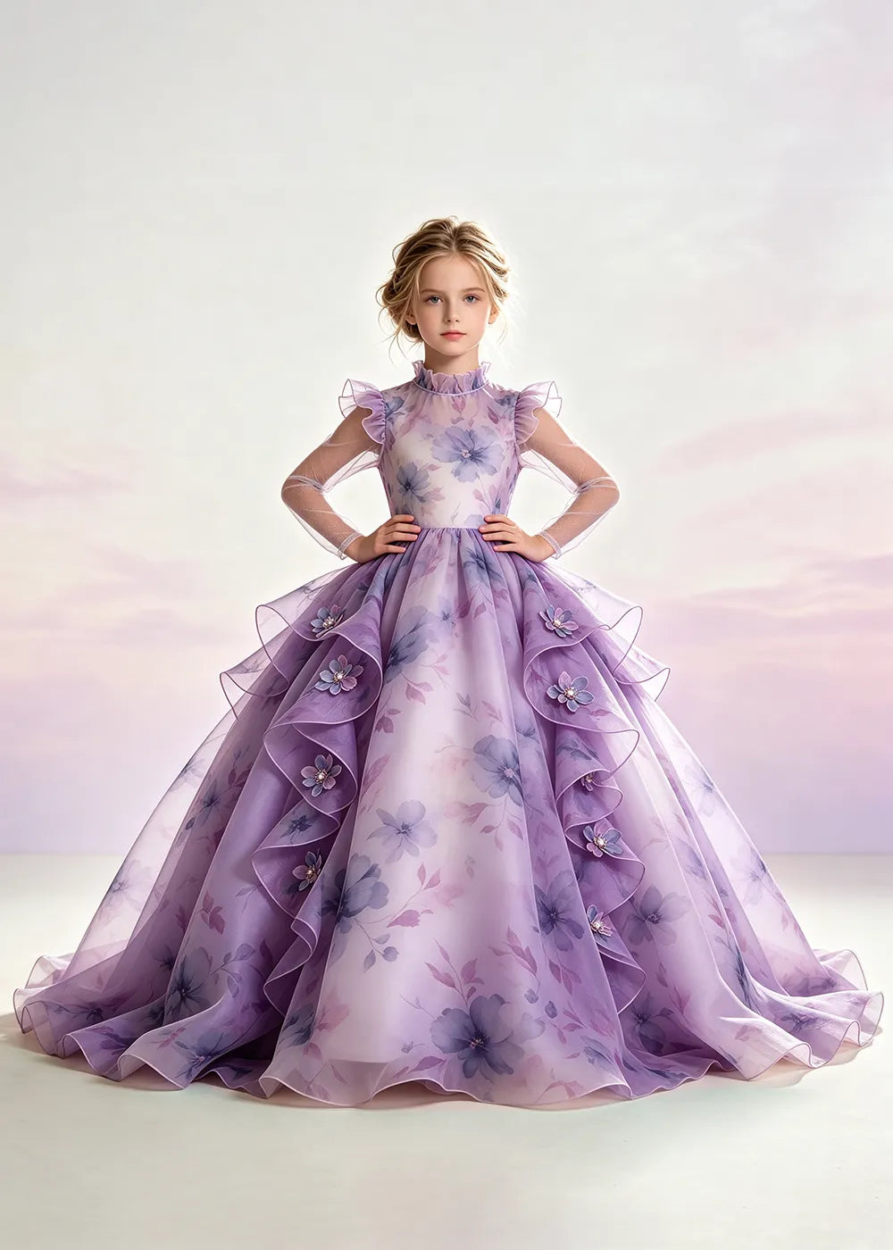 Blush Pink Floral Ruffle-Collar Flower Girl Dress