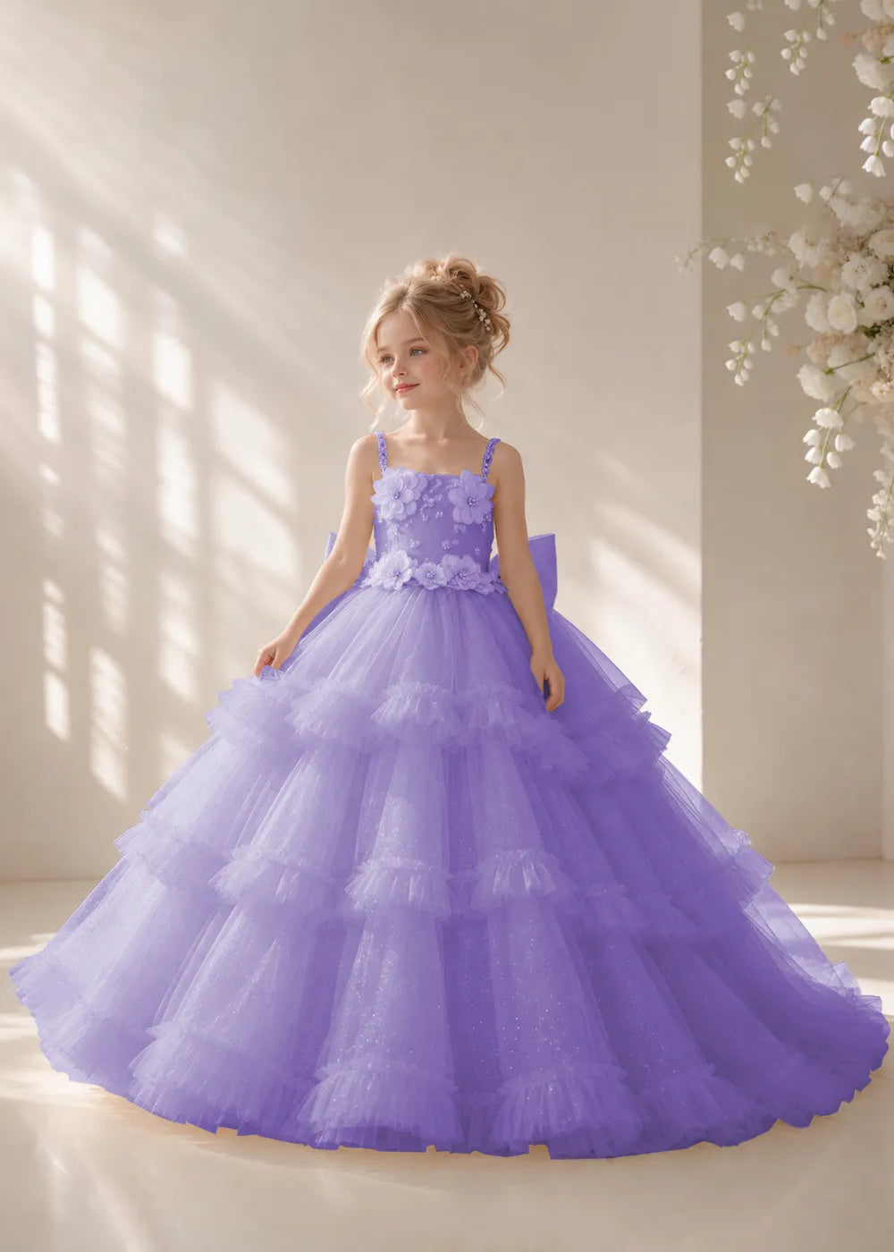 Front view of a child wearing a lavender flower girl dress with beaded spaghetti straps, a bodice covered in three-dimensional fabric flowers and a multi-tiered tulle skirt.
