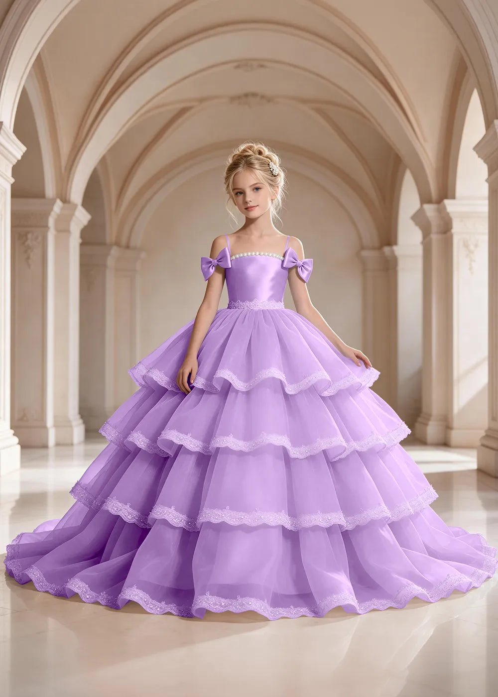 Light Blue Four-Tier Bow-Shoulder Flower Girl Dress