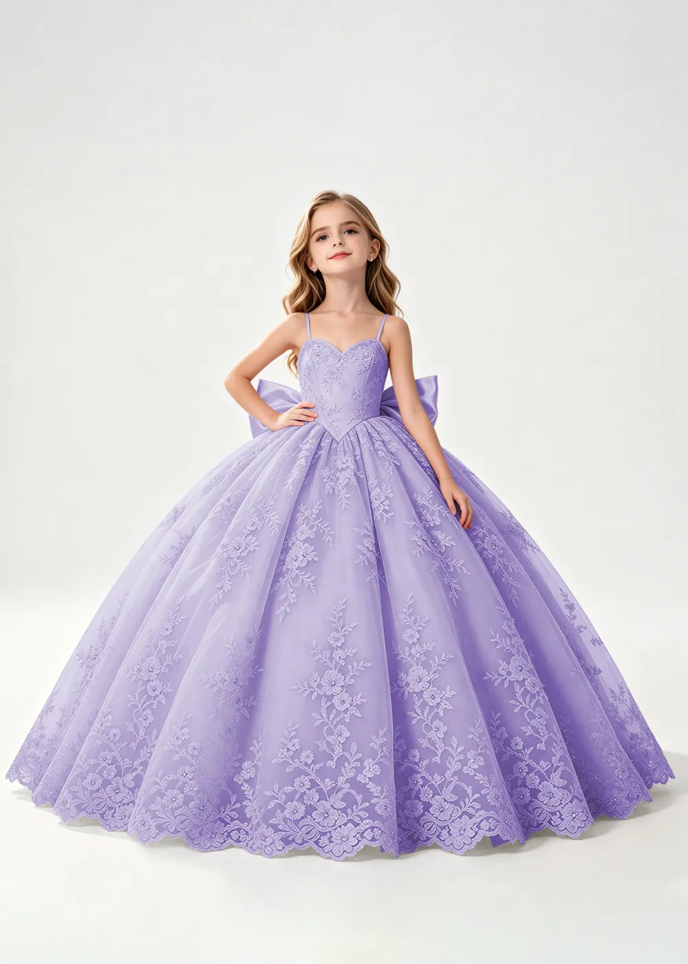 Flower girl dress in Lavender, front view.