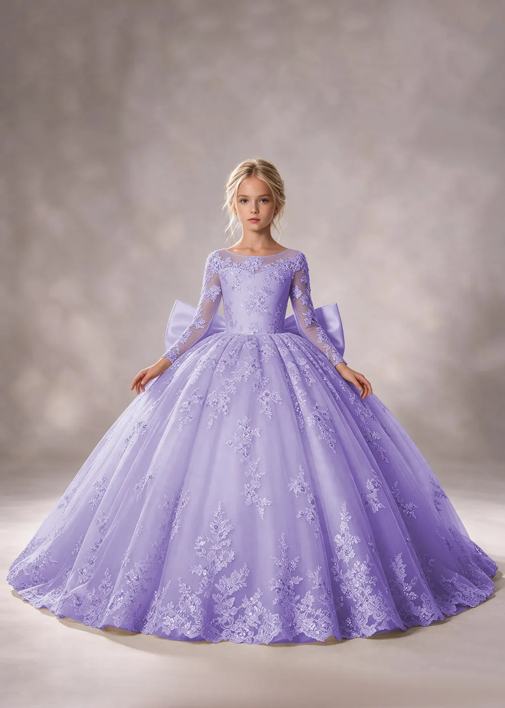 Flower girl dress in Lavender, front view.
