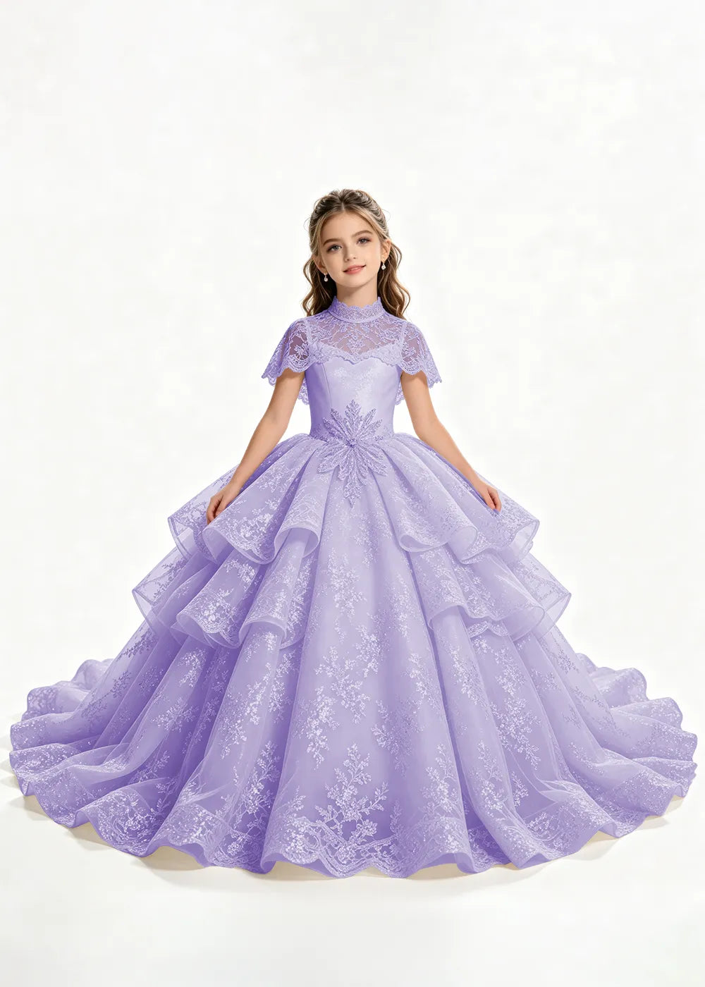 Flower girl dress in Lavender, front view.