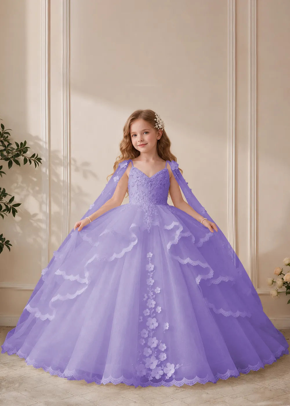 Dusty Rose Flower Girl Dress with Floral Lace and Shoulder Drapes