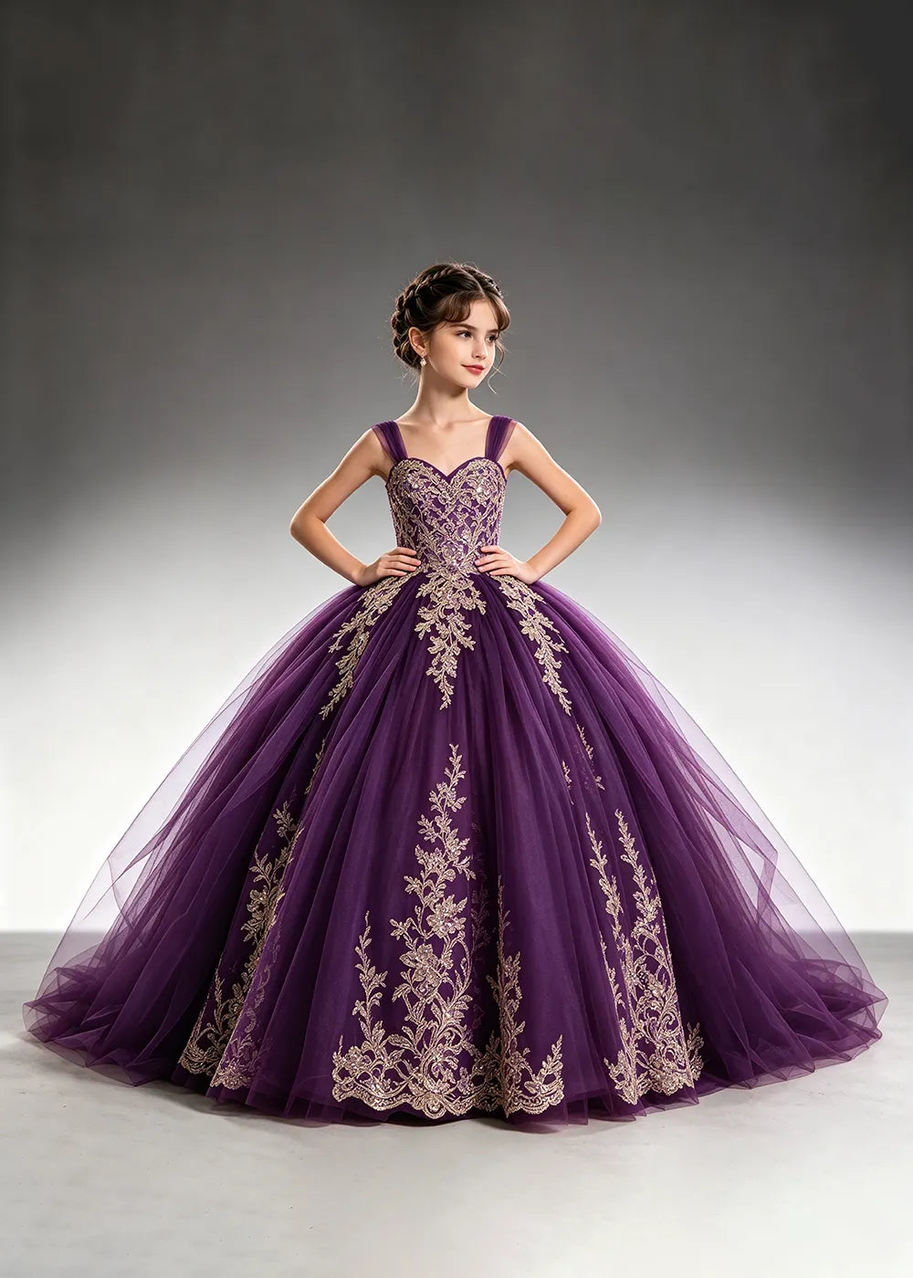 Metallic Appliqué Flower Girl Ball Gown Dress