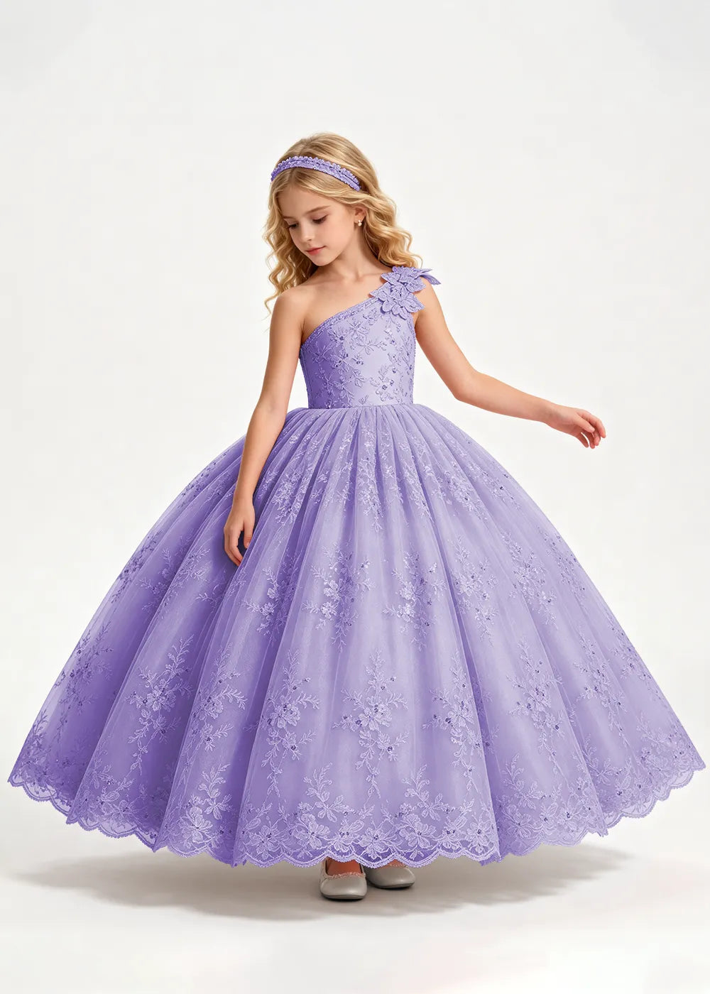 Warm Pale Blush One-Shoulder Flower Girl Gown with Scalloped Lace