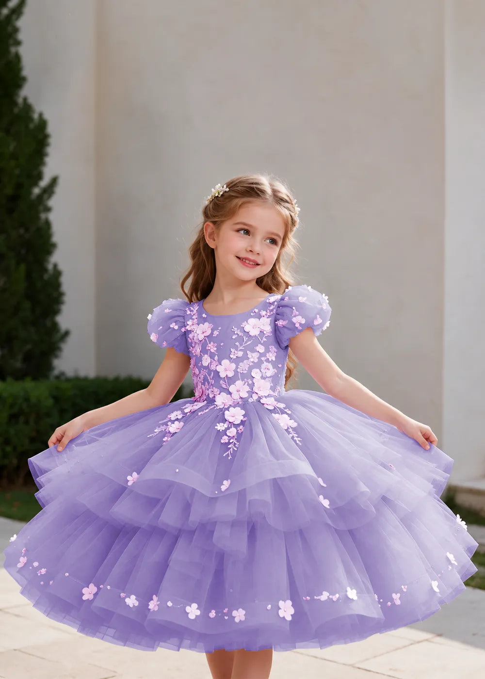 Lilac Puff-Sleeve Flower Girl Dress with Three-Tier Skirt