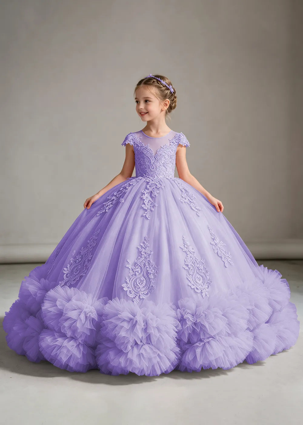 Pink Flower Girl Ball Gown with Floral Bodice and Ruffle Hem