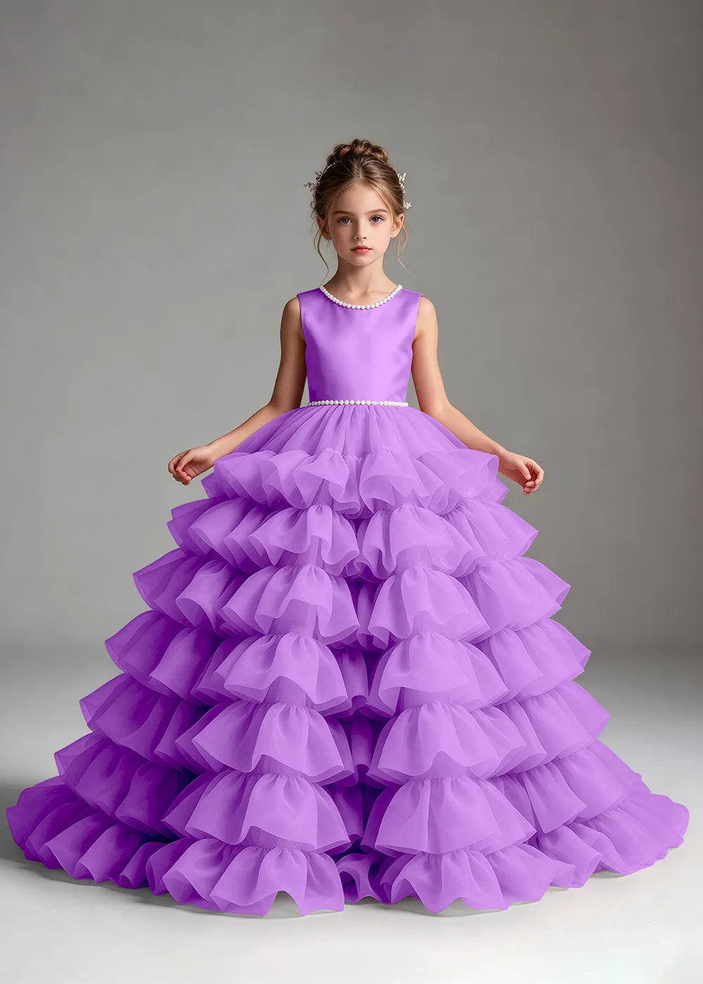 Pink Pearl-Trimmed Tiered Ruffle Flower Girl Dress