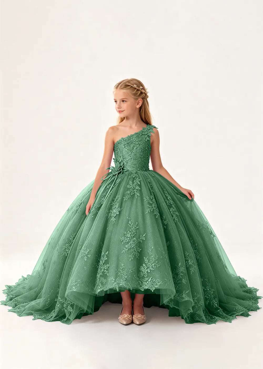 One-Shoulder High-Low Lace Flower Girl Ball Gown Dress