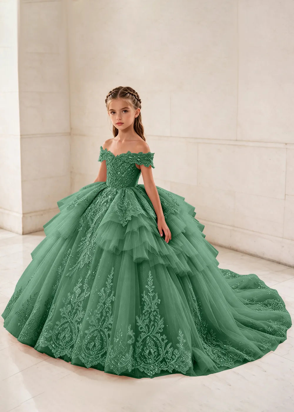 Ruffled Off Shoulder Lace Flower Girl Ball Gown Dress