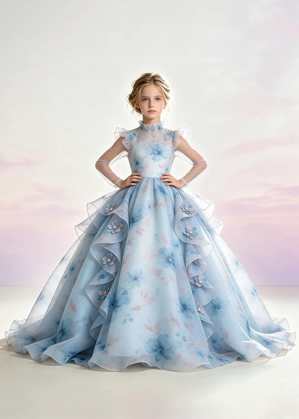 Blush Pink Floral Ruffle-Collar Flower Girl Dress