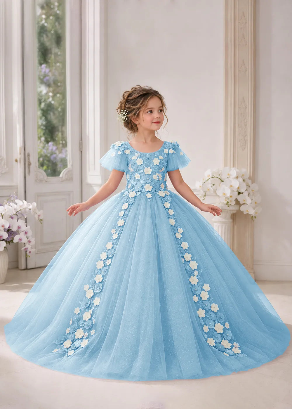 Front view of a child wearing a light blue flower girl dress with a round neckline, sheer flutter cap sleeves and a floral vine cascading down both sides of a full tulle skirt.