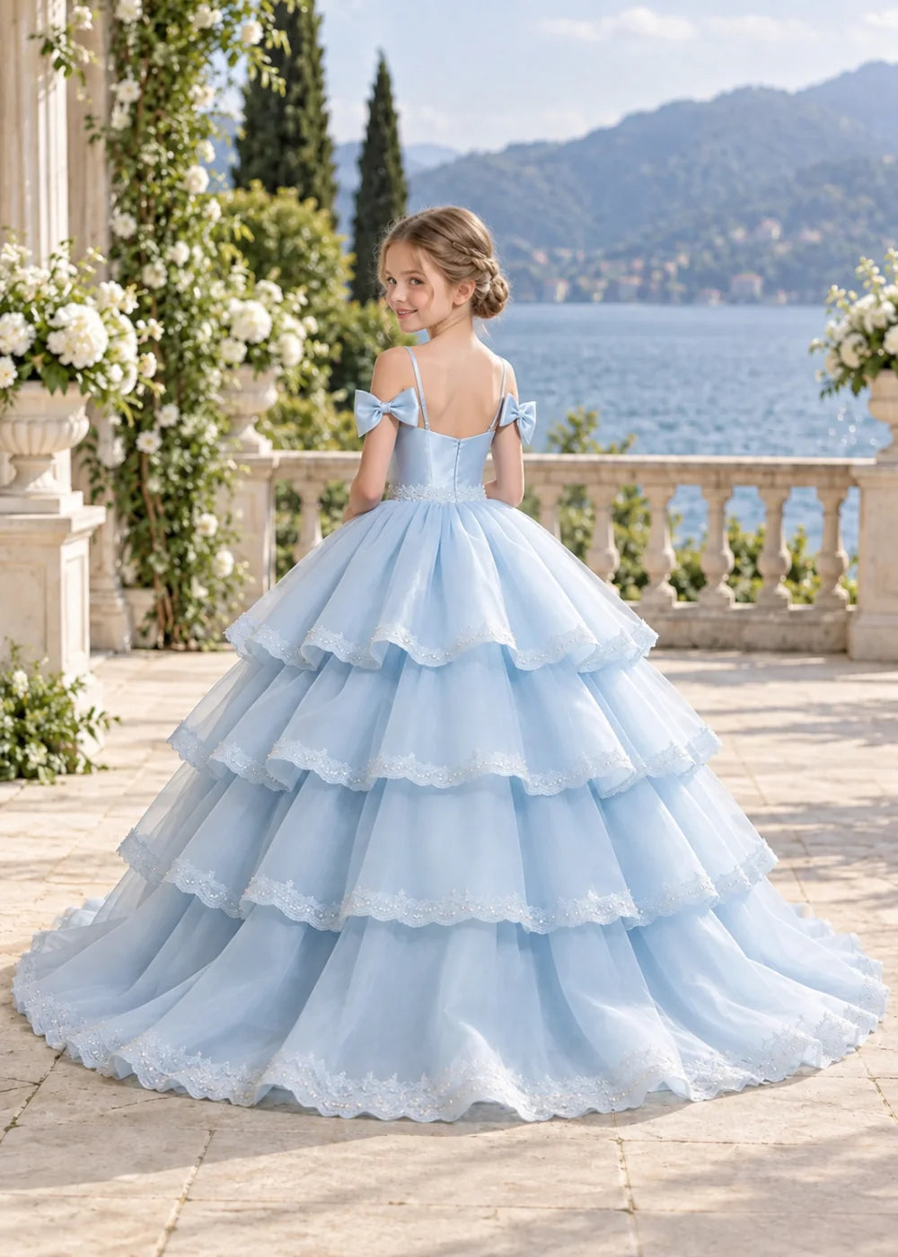 Light Blue Four-Tier Bow-Shoulder Flower Girl Dress