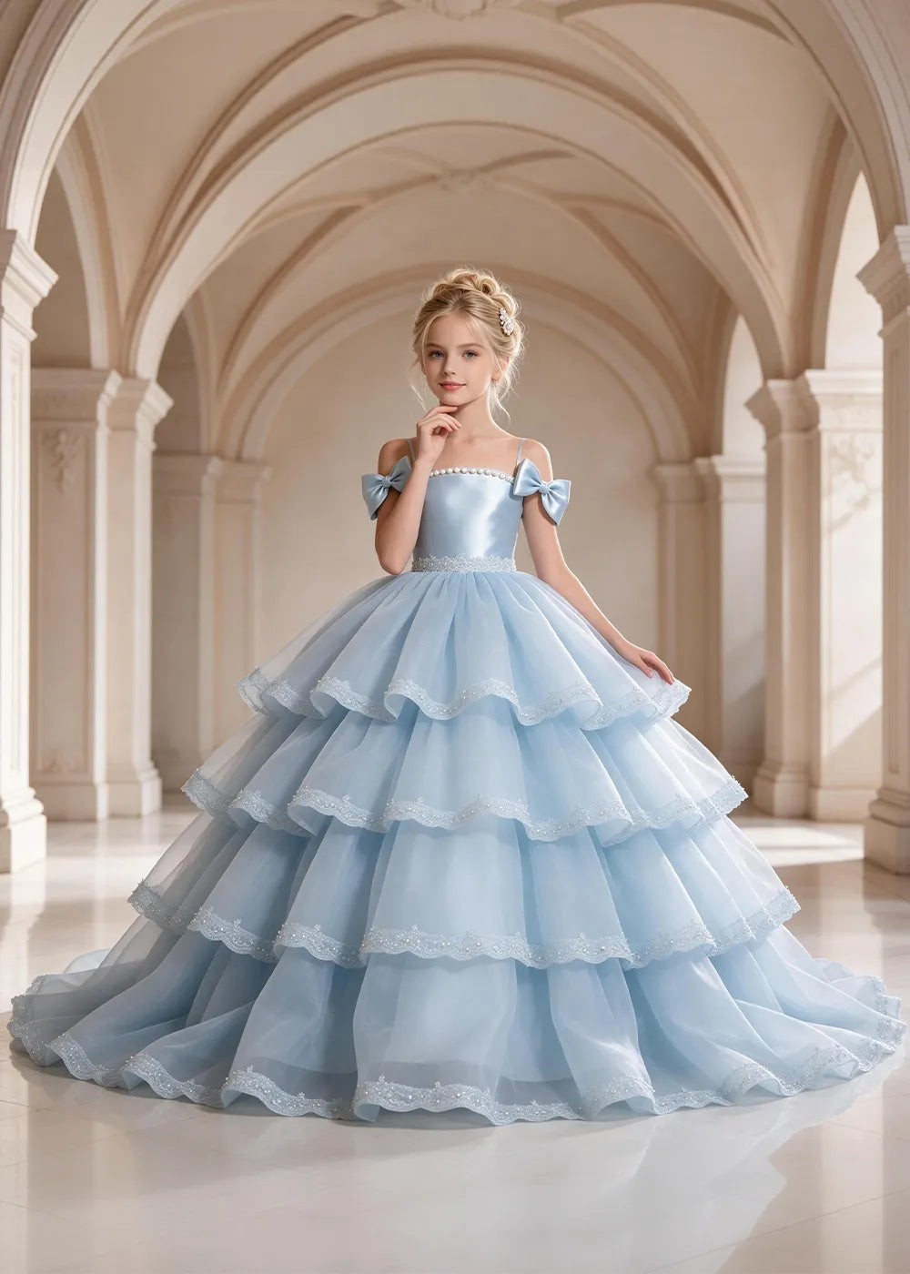 Light Blue Four-Tier Bow-Shoulder Flower Girl Dress