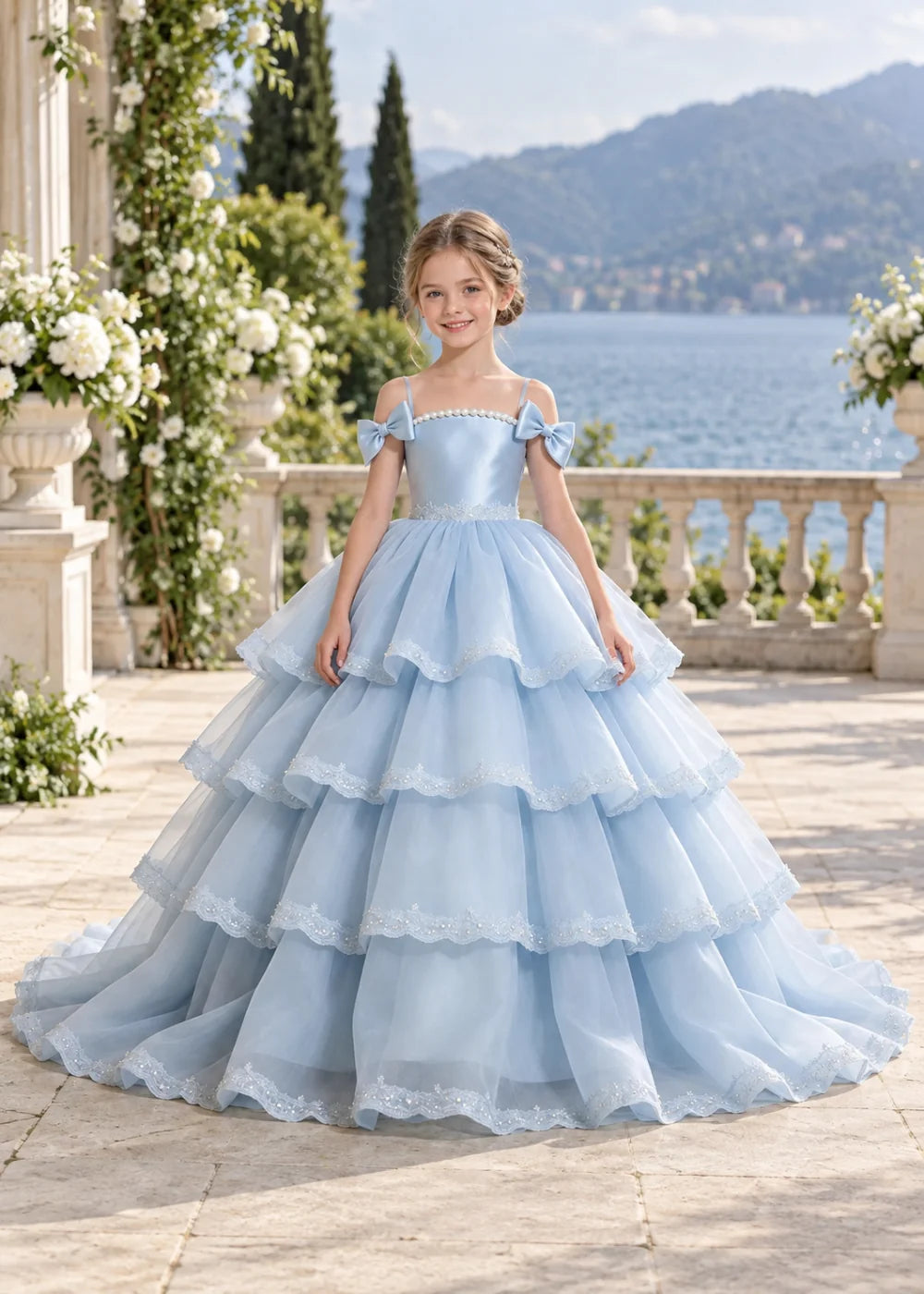 Light Blue Four-Tier Bow-Shoulder Flower Girl Dress