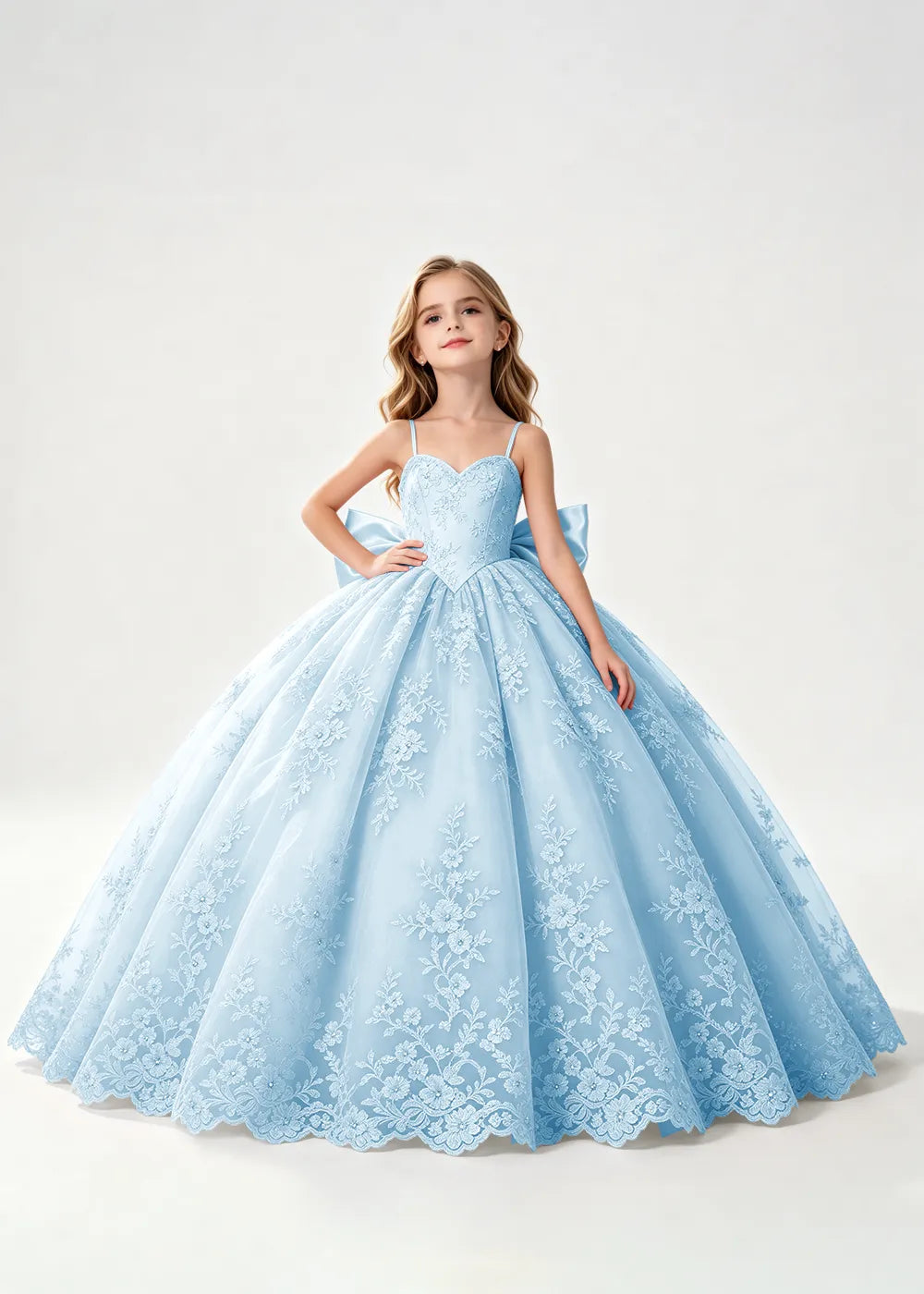Flower girl dress in Light Blue, front view.