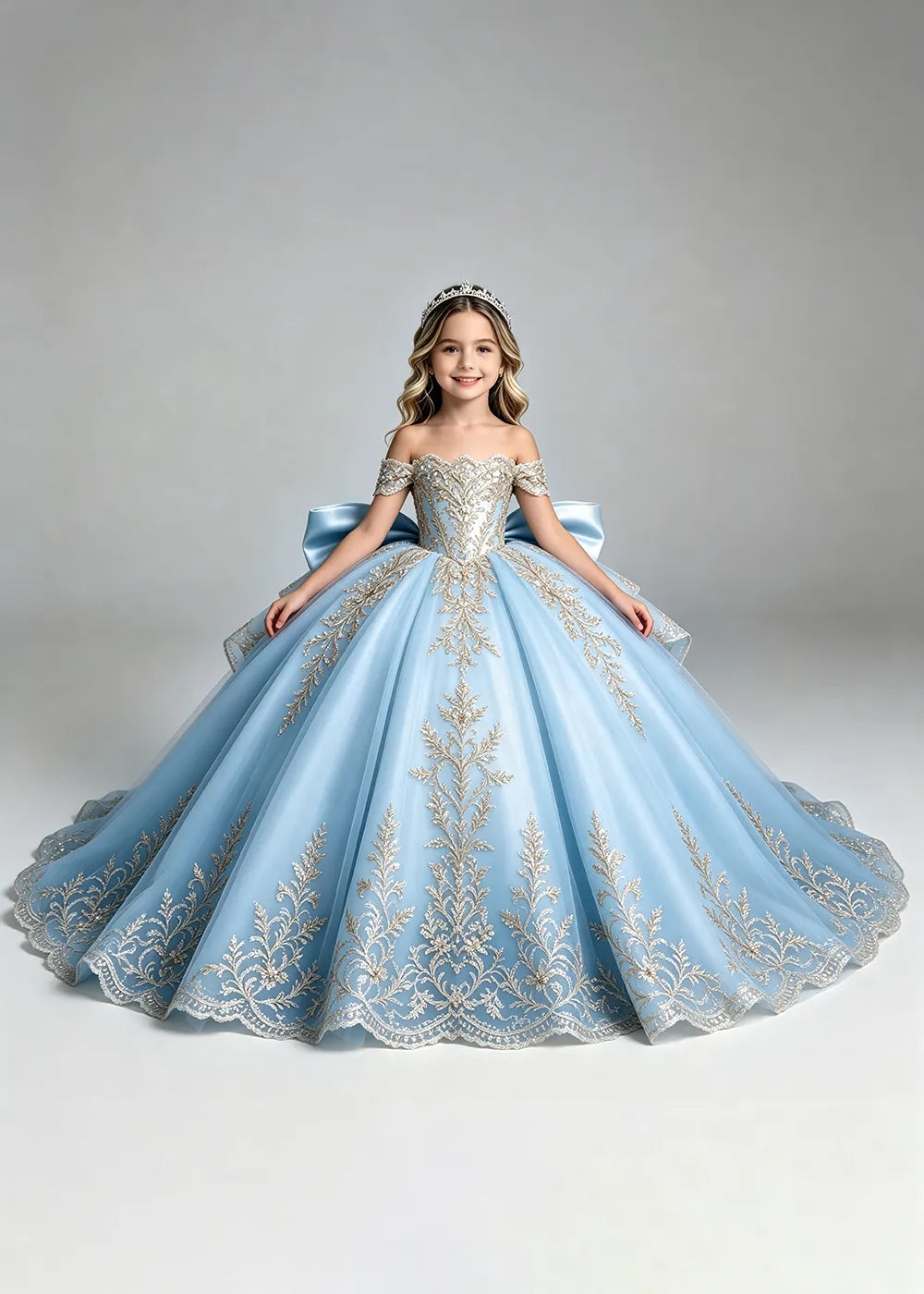 Off-Shoulder Lace Flower Girl Dress with Bow and Scalloped Hem