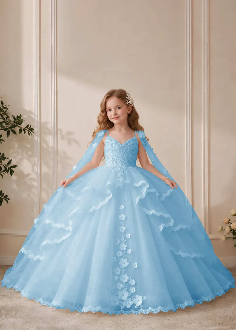 Dusty Rose Flower Girl Dress with Floral Lace and Shoulder Drapes