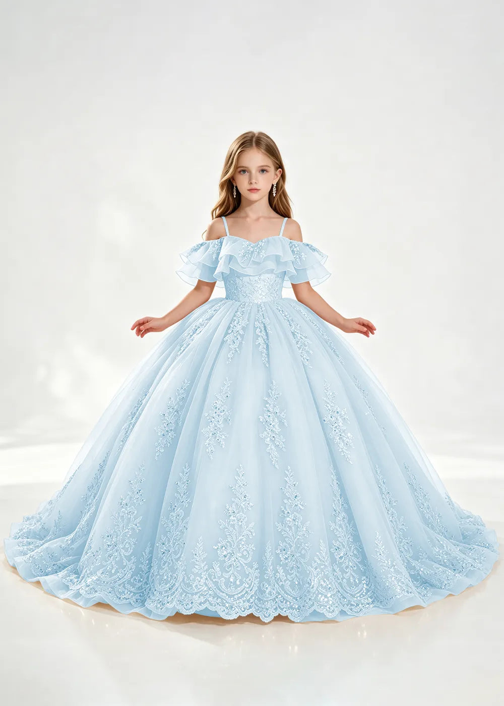 Champagne Off-Shoulder Lace-Hem Flower Girl Dress