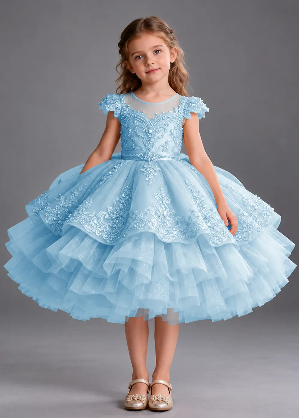 Gold Knee-Length Flower Girl Dress with Scalloped Lace Overlay