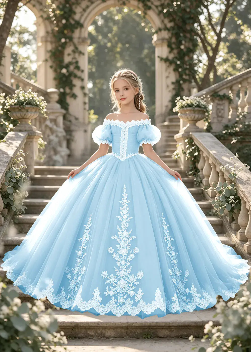 Flower girl dress in Light Blue, front view.