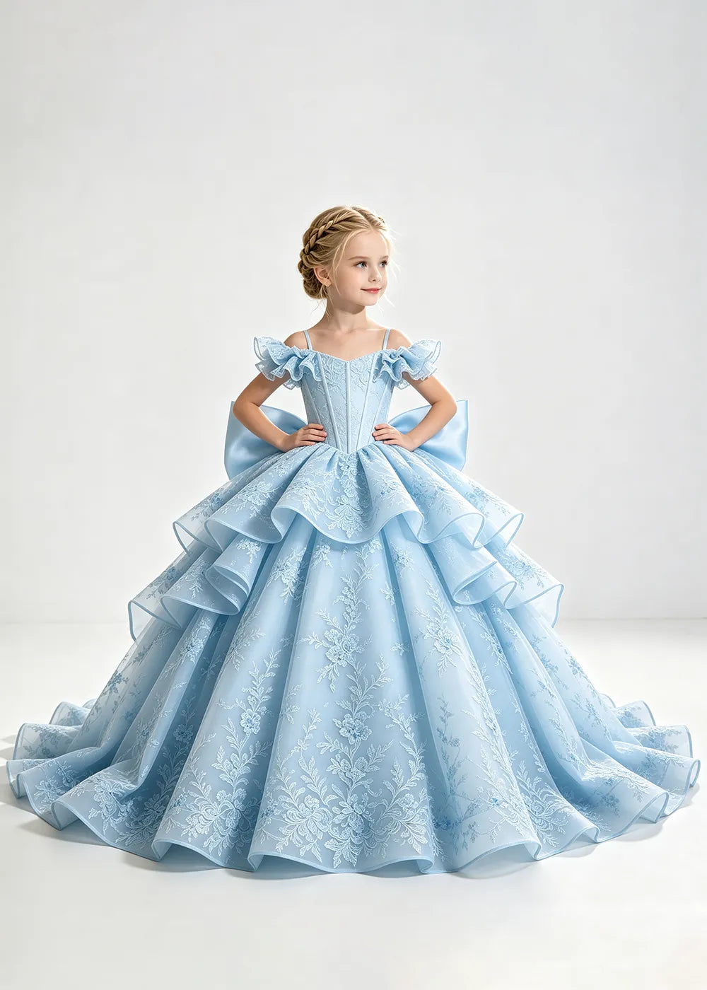 Light Blue Lace-Up Rear-Bow Flower Girl Dress