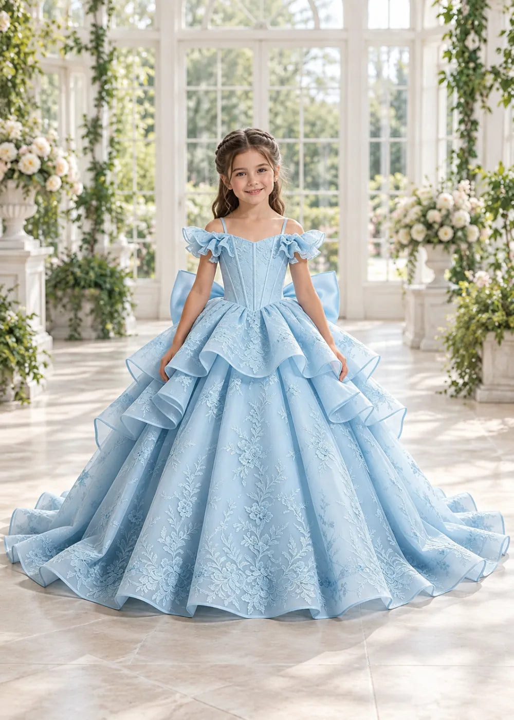 Light Blue Lace-Up Rear-Bow Flower Girl Dress