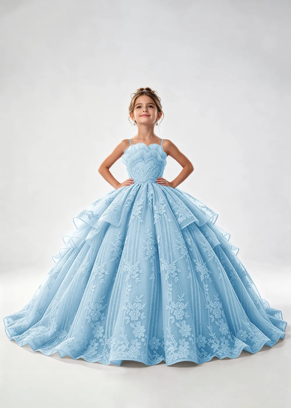 Flower girl dress in Light Blue, front view.