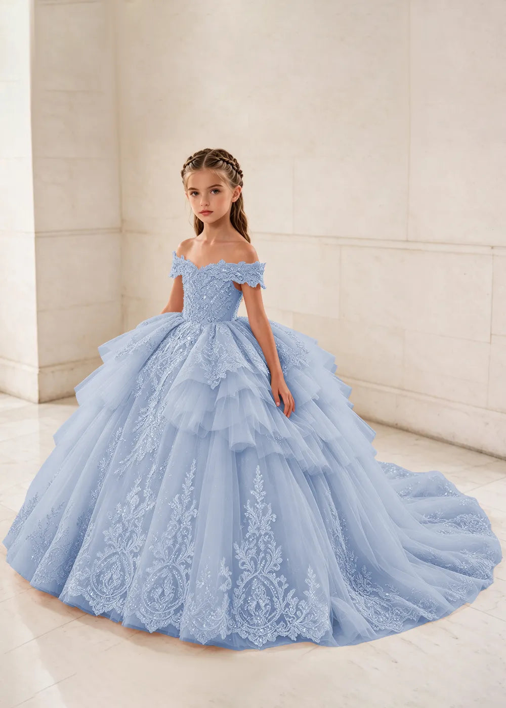 Ruffled Off Shoulder Lace Princess Dress for Girls