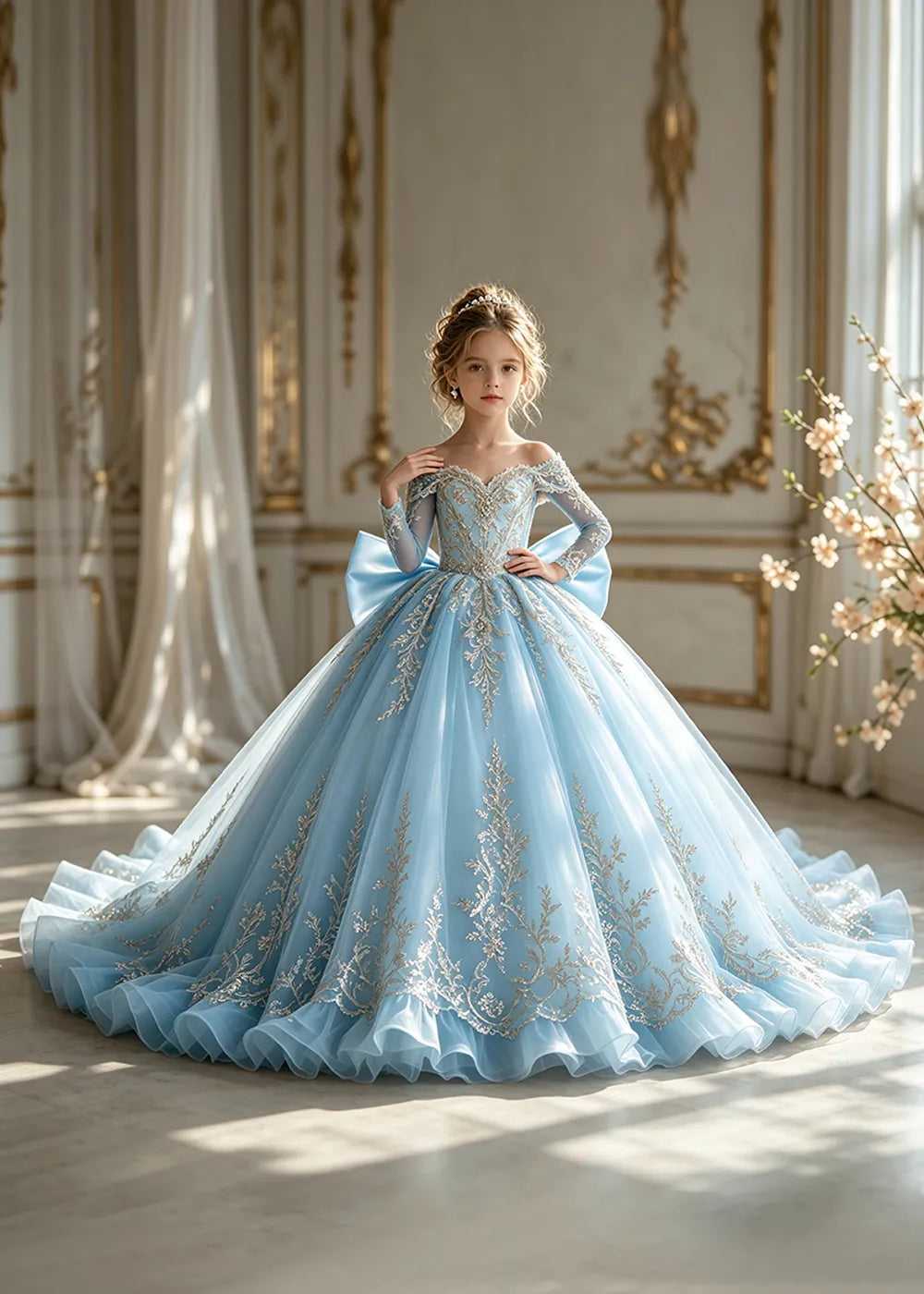 Off-Shoulder Sequin Lace Flower Girl Dress with Bow and Flounced Hem
