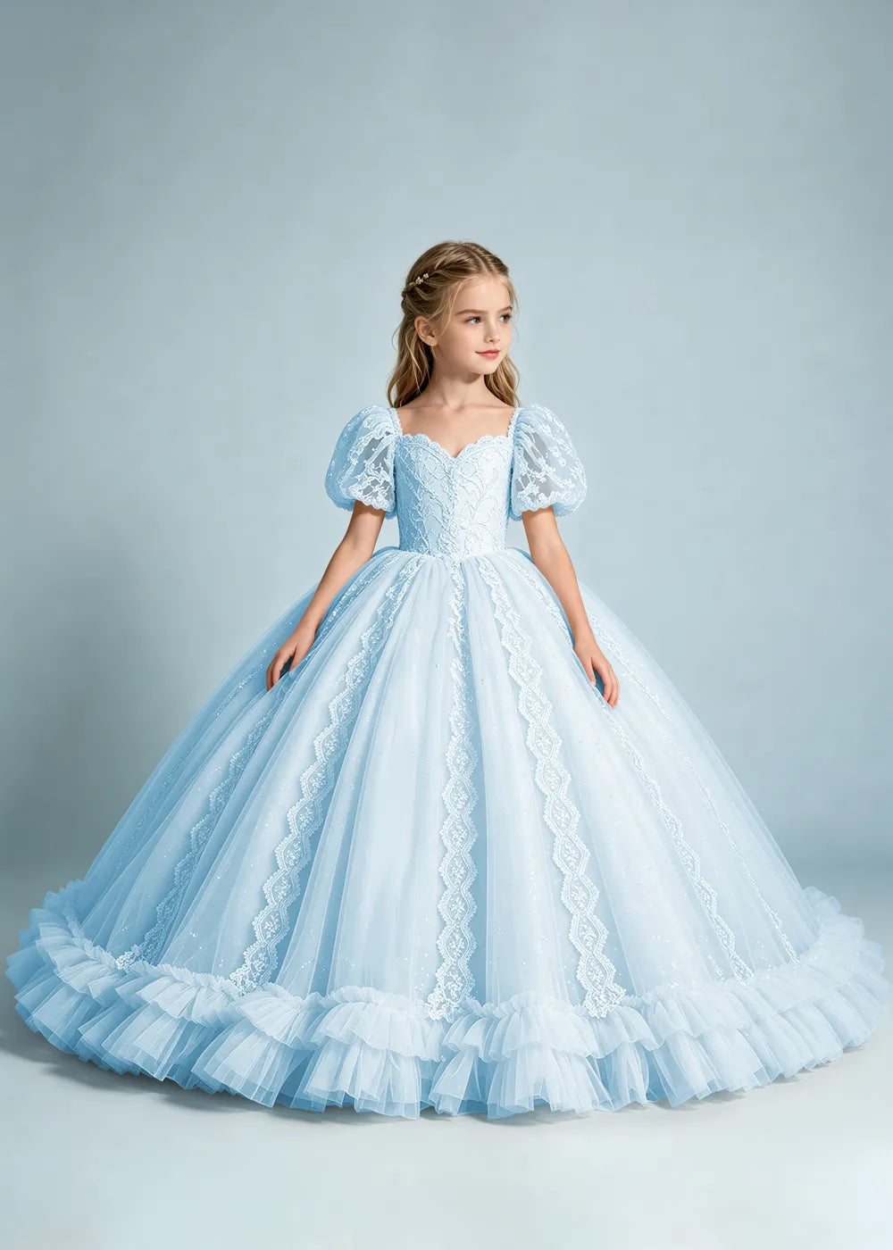 Warm Ivory Flower Girl Gown with Puff Sleeves and Ruffled Hem