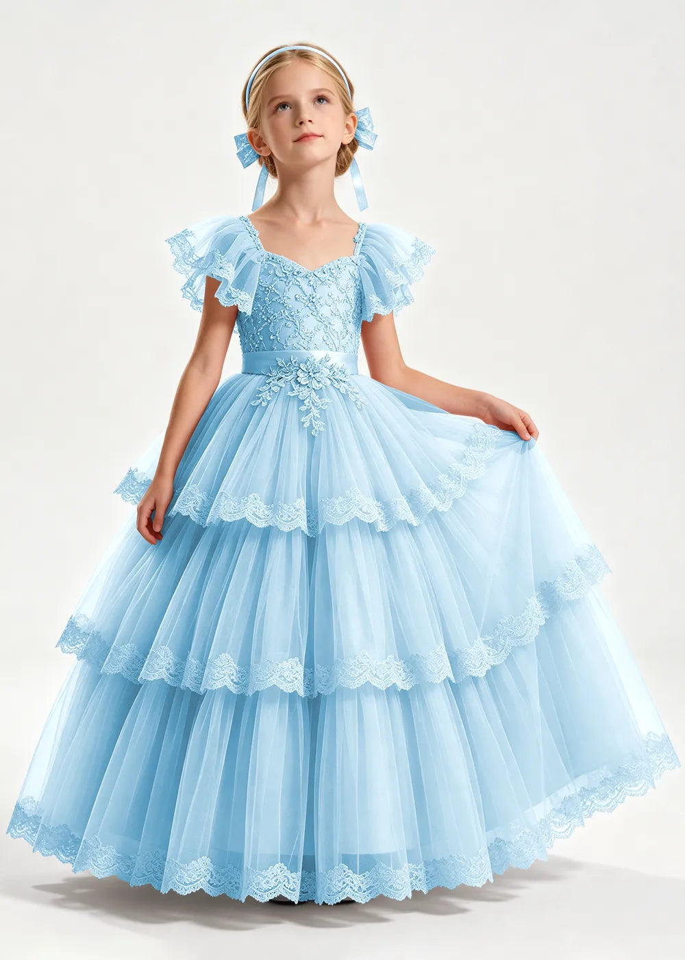 Warm Blush Pink Flower Girl Ball Gown with Three Lace-Edged Tiers