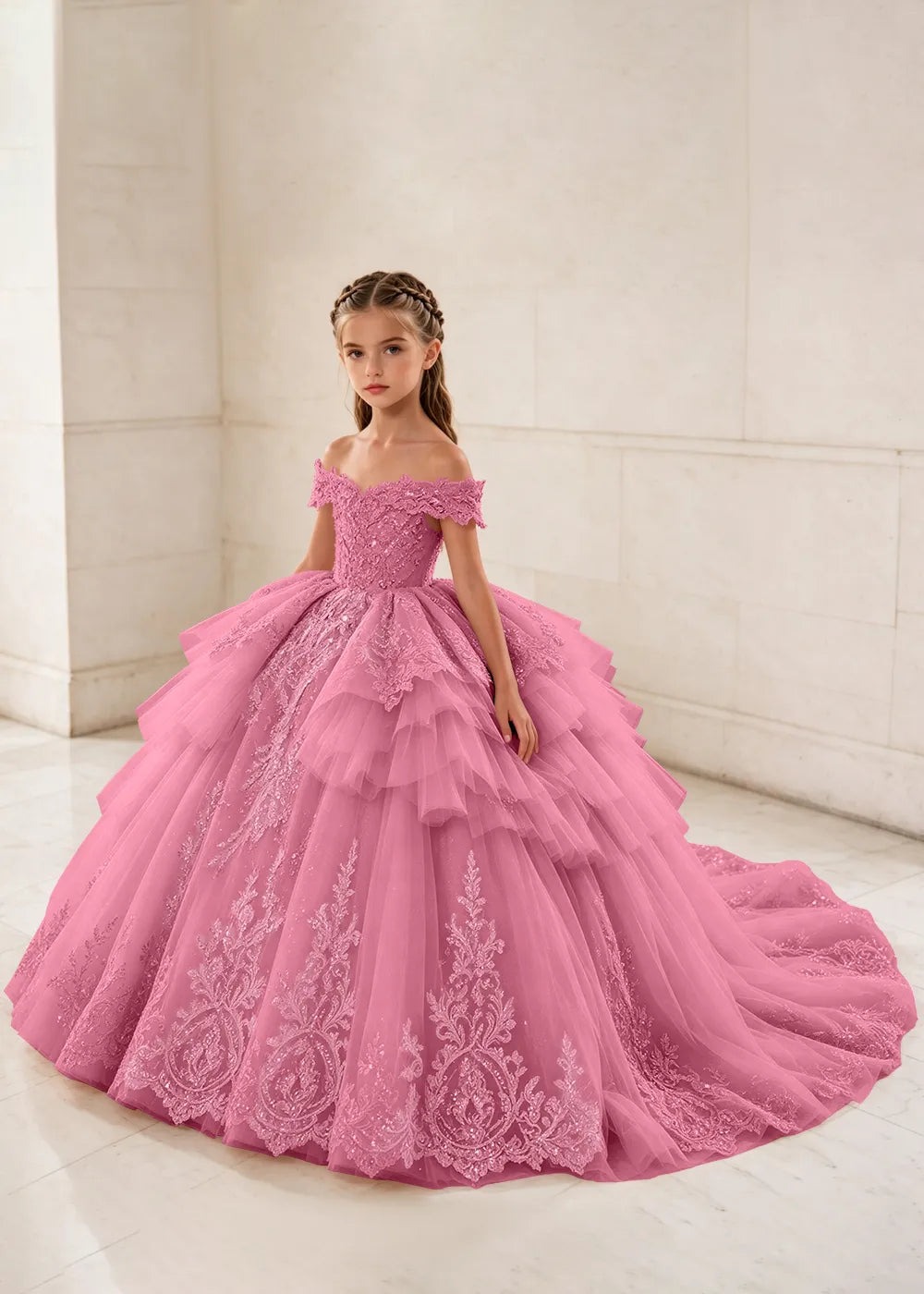 Ruffled Off Shoulder Lace Flower Girl Ball Gown Dress
