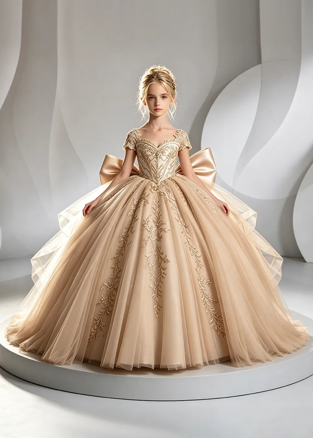 Cap Sleeve Sequin Bodice Flower Girl Dress with Bow and Gold Embroidery