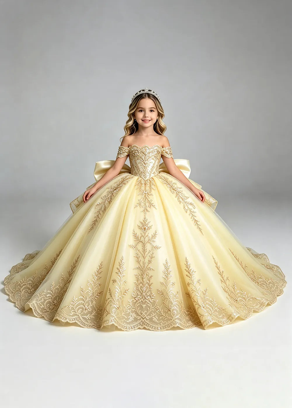 Off-Shoulder Lace Flower Girl Dress with Bow and Scalloped Hem