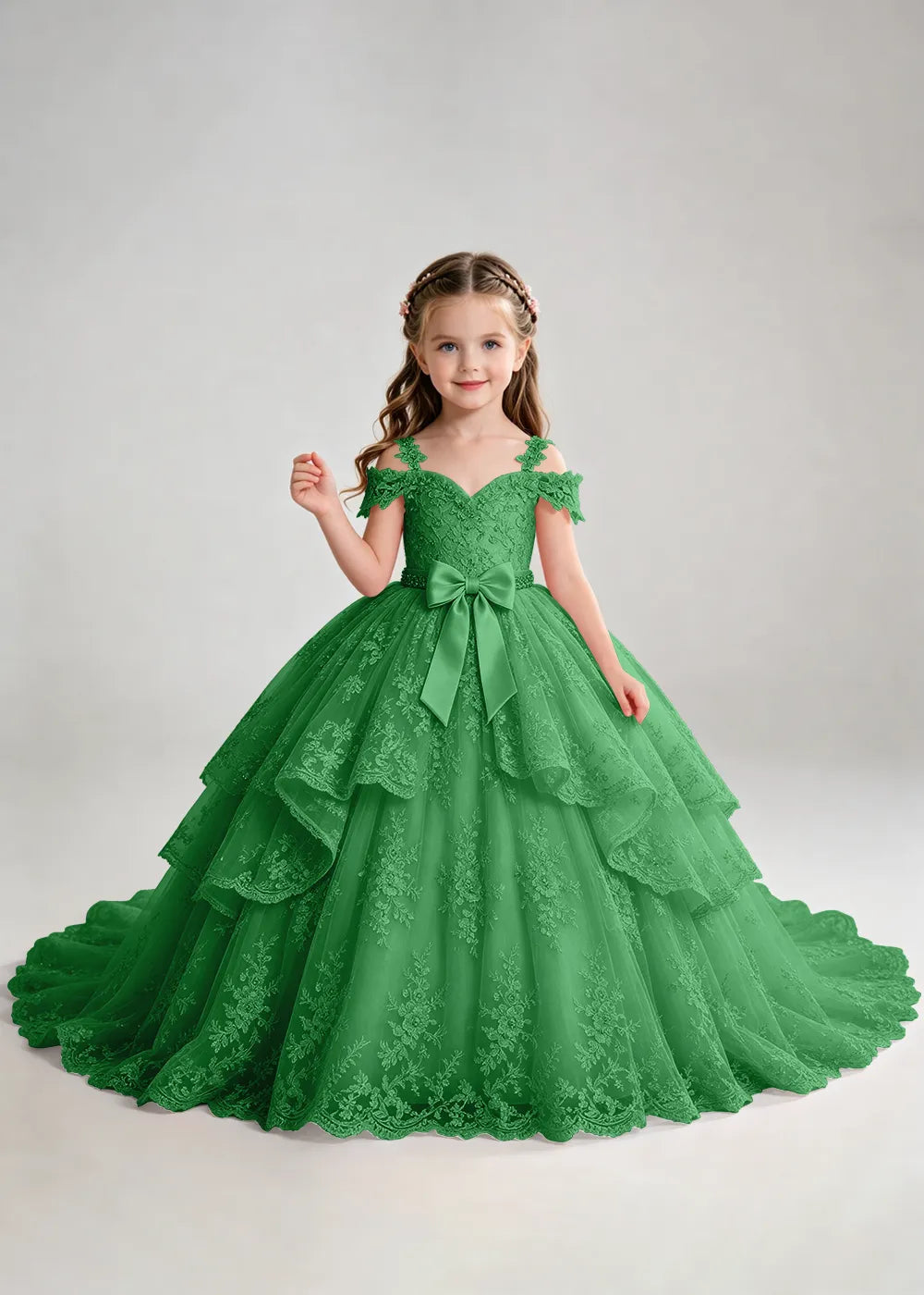 Bow Waist Floral Lace Flower Girl Ball Gown Dress